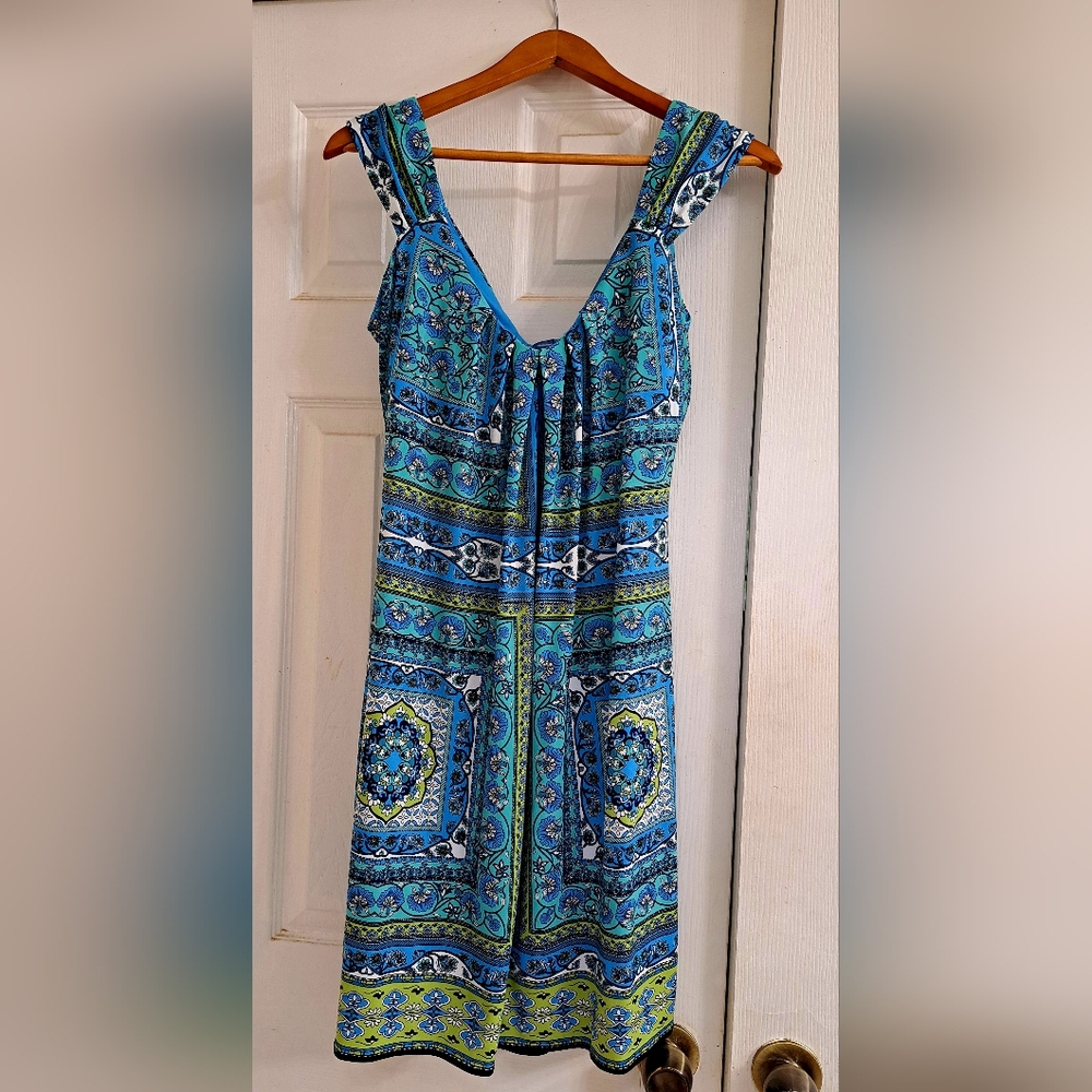 London Times Blue White Green Patterned Stretch Knit Flattering Midi Dress